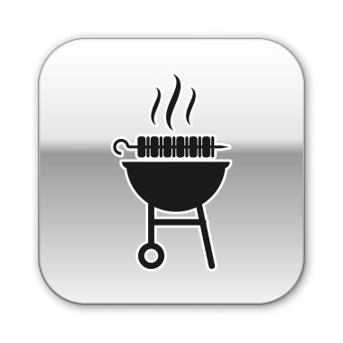 Siyah Barbekü ızgara şiş kebap şiş sopa simgesi beyaz arka plan üzerinde izole. Şiş çubuğunda barbekü köftesi. Izgara etli piknik. Gümüş kare düğme. Vektör İllüstrasyonu
