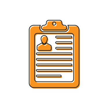 Turuncu Pano özgeçmiş ve erkek siluet simgesi beyaz arka plan üzerinde izole ile. Cv başvurusu. Özgeçmiş, profil fotoğrafı konsepti ile iş başvuru formu. Düz tasarım. Vektör İllüstrasyonu