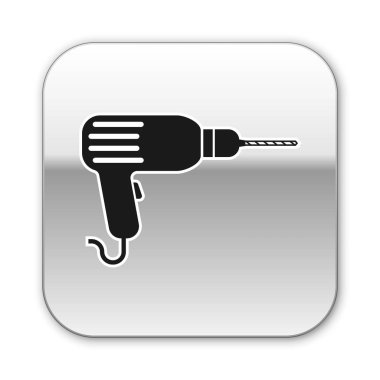 Siyah Matkap makine simgesi beyaz arka plan üzerinde izole. Gümüş kare düğme. Vektör İllüstrasyonu