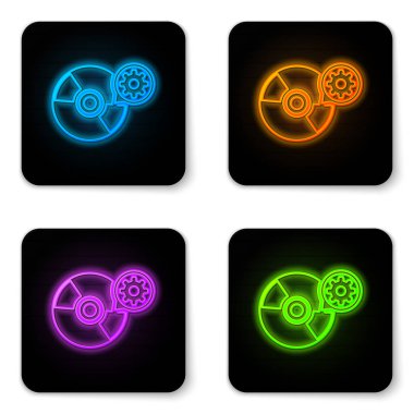 Beyaz arka planda yalıtılmış parlayan neon Cd veya Dvd disk ve dişli simgesi. Uygulama, servis konsepti, ayar seçenekleri, bakım, onarım, sabitleme ayarlama. Siyah kare düğme. Vektör İllüstrasyonu