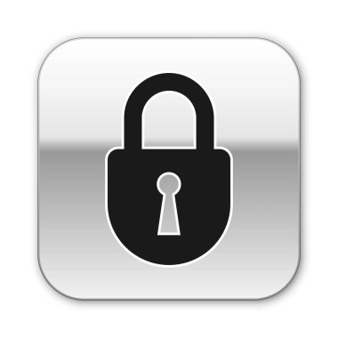 Beyaz arka planda yalıtılmış Siyah Kilit simgesi. Asma kilit işareti. Güvenlik, güvenlik, koruma, gizlilik kavramı. Gümüş kare düğme. Vektör İllüstrasyonu