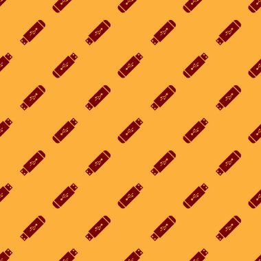 Kırmızı Usb flash sürücü simgesi kahverengi arka plan üzerinde sorunsuz desen izole. Düz tasarım. Vektör İllüstrasyonu