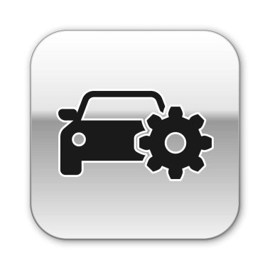 Siyah Araba servis simgesi beyaz arka planda yalıtılmış. Oto tamirciservisi. Mekanik servis. Onarım servisi oto tamircisi. Bakım işareti. Gümüş kare düğme. Vektör İllüstrasyonu