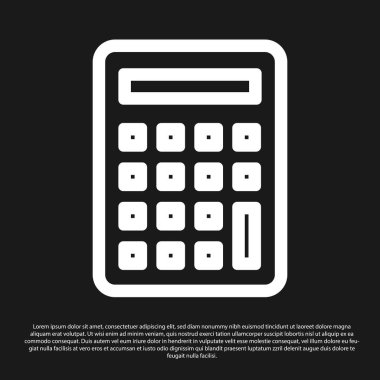 Siyah arka planda yalıtılmış siyah Hesap Makinesi simgesi. Muhasebe sembolü. İş hesaplamaları matematik eğitim ve finans. Vektör İllüstrasyonu