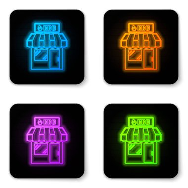 Beyaz arka plan üzerinde izole parlayan neon Barbekü alışveriş binası veya pazar mağazası simgesi. Barbekü ızgara partisi. Dükkan inşaatı. Siyah kare düğme. Vektör İllüstrasyonu