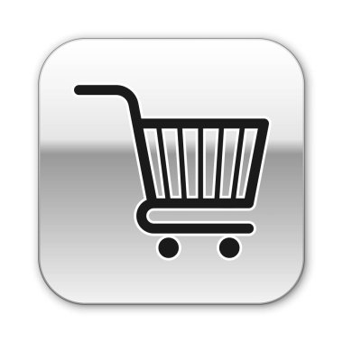 Siyah alışveriş arabası simgesi beyaz arkaplanda izole edilmiş. İnternetten satın alma konsepti. Servis tabelası. Süpermarket sepeti sembolü. Gümüş kare düğme. Vektör İllüstrasyonu