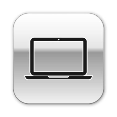 Beyaz arka planda yalıtılmış Siyah Laptop simgesi. Boş ekran işareti olan bilgisayar not defteri. Gümüş kare düğme. Vektör İllüstrasyonu