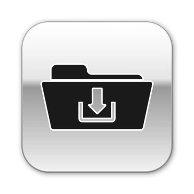 Siyah Klasör indirme simgesi beyaz arka planda yalıtılmış. Gümüş kare düğme. Vektör İllüstrasyonu