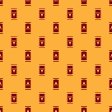 Kırmızı Cep telefonu ve şifre koruma simgesi kahverengi arka plan üzerinde sorunsuz desen izole. Güvenlik, güvenlik, kişisel erişim, kullanıcı izni, gizlilik. Vektör İllüstrasyonu