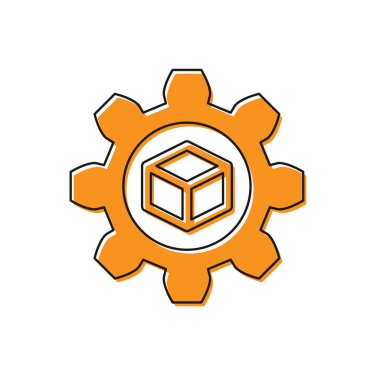 Turuncu Ürün geliştirme simgesi beyaz arka planda yalıtılmış. Dişli ve küp. Başlangıç koleksiyonundan ürün geliştirme sembolü tasarımı. Vektör İllüstrasyonu