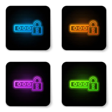 Beyaz arka planda yalıtılmış parlayan neon Parola koruması ve güvenlik erişim simgesi. Simgeyi kilitleyin. Güvenlik, güvenlik, koruma, gizlilik kavramı. Siyah kare düğme. Vektör İllüstrasyonu