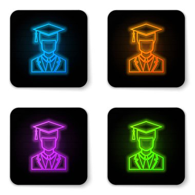 Beyaz arka plan üzerinde izole gece elbisesi ve mezuniyet kapağı simgesi ile Parlayan neon Erkek lisansüstü öğrenci profili. Siyah kare düğme. Vektör İllüstrasyonu