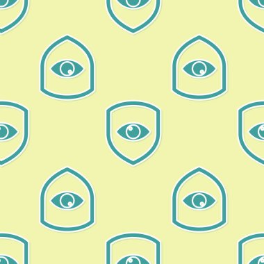 Yeşil Kalkan ve göz simgesi sarı arka plan üzerinde izole kesintisiz desen. Güvenlik, güvenlik, koruma, gizlilik kavramı. Vektör İllüstrasyonu