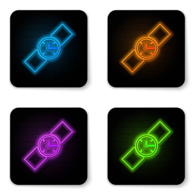 Beyaz arka planda izole edilmiş parlayan neon Bilek saat simgesi. Kol saati simgesi. Siyah kare düğme. Vektör İllüstrasyonu