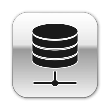 Siyah Sunucu, Data, Web Sunucu simgesi beyaz arkaplanda izole edildi. Gümüş kare düğme. Vektör İllüstrasyonu