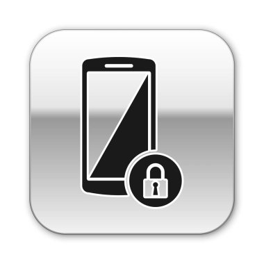 Beyaz arka planda izole edilmiş kapalı asma kilit simgesine sahip siyah akıllı telefon. Kilitli telefon. Mobil güvenlik, güvenlik, koruma konsepti. Gümüş kare düğme. Vektör İllüstrasyonu