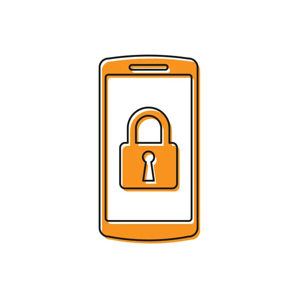 Orange Smartphone with closed padlock icon isolated on white background. Phone with lock. Mobile security, safety, protection concept. Vector Illustration — Stock Vector