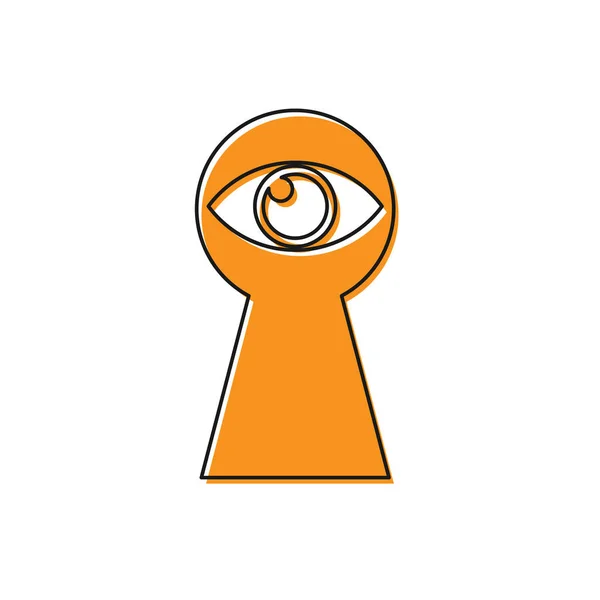 Orangefarbenes Schlüsselloch mit Augensymbol auf weißem Hintergrund. blickt das Auge ins Schlüsselloch. Schlüsselloch. Vektorillustration — Stockvektor