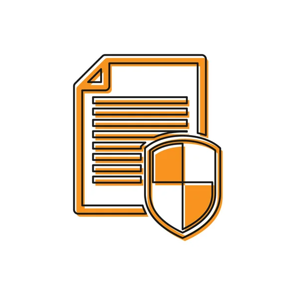 Icona arancione del concetto di protezione del documento su sfondo bianco. Informazioni riservate e privacy idea, dati sicuri con carta doc roll e scudo di protezione. Illustrazione vettoriale — Vettoriale Stock