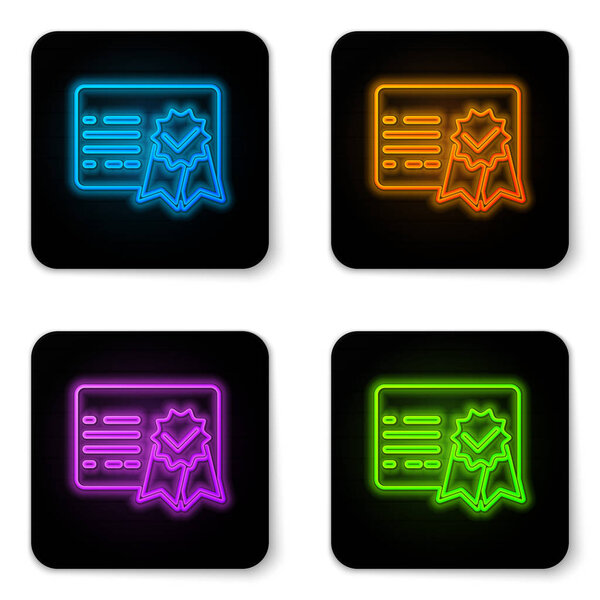 Glowing neon Certificate template icon isolated on white background. Achievement, award, degree, grant, diploma concepts. Business success certificate. Black square button. Vector Illustration