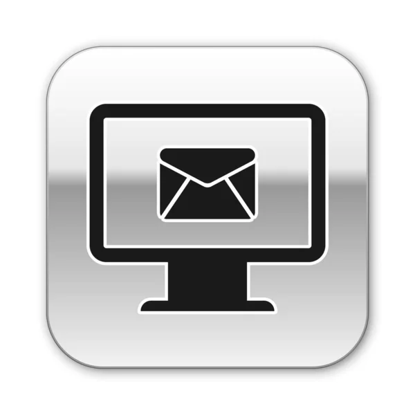 Zwarte computer monitor en envelop, nieuw bericht, e-mail, e-mail pictogram geïsoleerd op witte achtergrond. Gebruik voor e-mail nieuwsbrieven, headers, blogposts. Zilveren vierkante knop. Vector illustratie — Stockvector