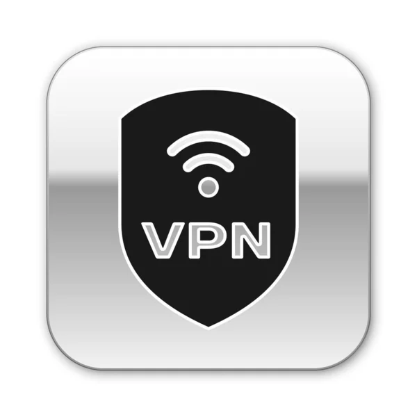 Vpnと無線LAN無線インターネットネットワークシンボルアイコンとブラックシールドは、白い背景に隔離されています。VPNは安全コンセプトを保護します。シルバーの正方形のボタン。ベクトルイラストレーション — ストックベクタ