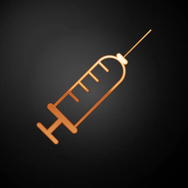 Icono de la jeringa dorada aislado sobre fondo negro. Jeringa para vacuna, vacunación, inyección, vacuna contra la gripe. Equipo médico. Ilustración vectorial — Archivo Imágenes Vectoriales