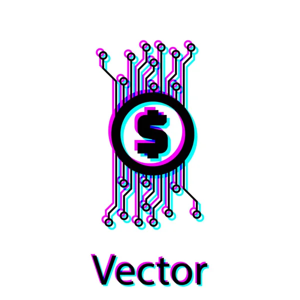 Negro concepto criptomoneda bitcoin en círculo con icono de circuito de microchip aislado sobre fondo blanco. Tecnología blockchain, mercado de dinero digital. Ilustración vectorial — Vector de stock