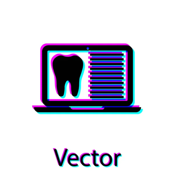 Siyah Laptop diş kartı veya hasta tıbbi kayıtları simgesi beyaz arka plan üzerinde izole ile. Diş sigortası. Diş kliniği raporu. Vektör İllüstrasyonu — Stok Vektör
