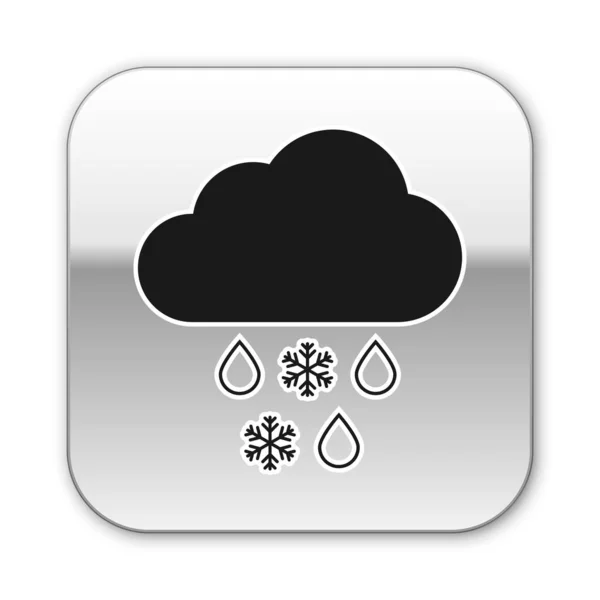 Schwarze Wolke mit Schnee- und Regensymbol auf weißem Hintergrund. Wettersymbol. Silberner quadratischer Knopf. Vektorillustration — Stockvektor