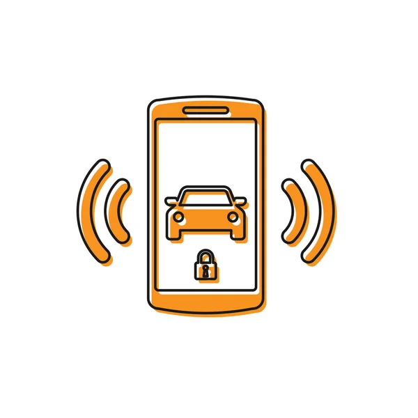 オレンジスマート車のアラームシステムアイコンは、白い背景に隔離されています。スマートフォンは、ワイヤレス上の車のセキュリティを制御します。ベクトルイラストレーション — ストックベクタ