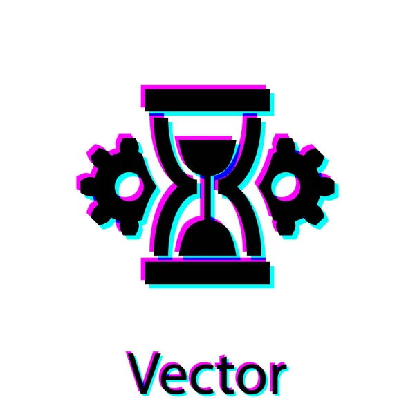 Schwarze Sanduhr und Getriebesymbol isoliert auf weißem Hintergrund. Zeitmanagement-Symbol. Uhr und Getriebesymbol. Produktivitätssymbol. Vektorillustration — Stockvektor