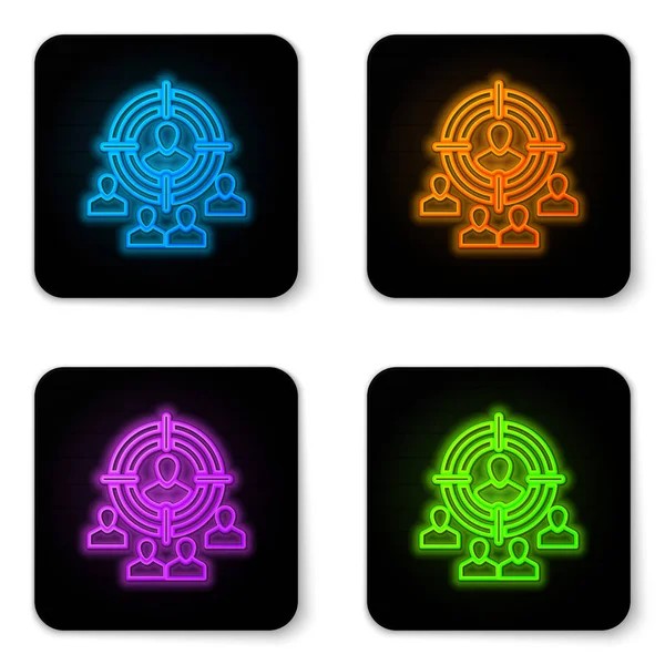 Glowing neon Marketing target strategy concept icon isolated on white background. Aim with people sign. Black square button. Vector Illustration — Stock Vector