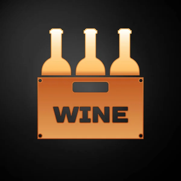 Zlaté láhve vína v dřevěné ikoně, izolované na černém pozadí. Láhve s vínem v dřevěné ikoně. Vektorová ilustrace — Stockový vektor