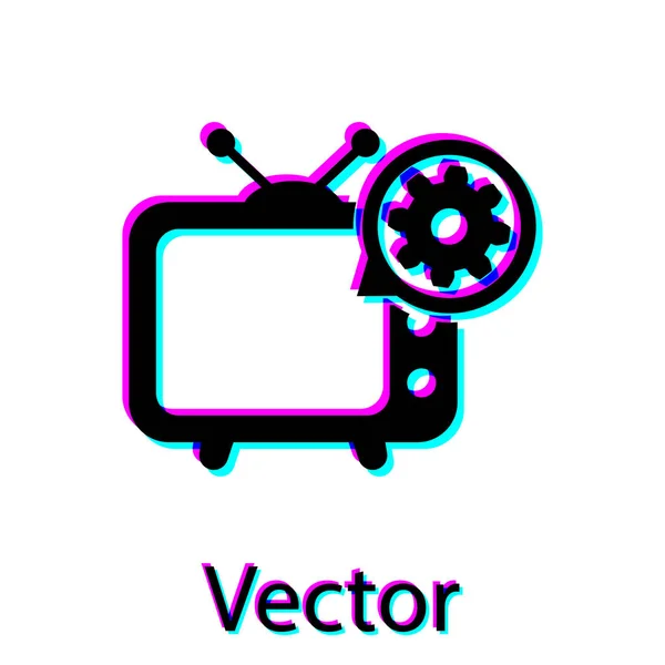 Black Tv and gear icon isolated on white background. Television service concept. Adjusting app, setting options, maintenance, repair, fixing. Vector Illustration — Stock Vector