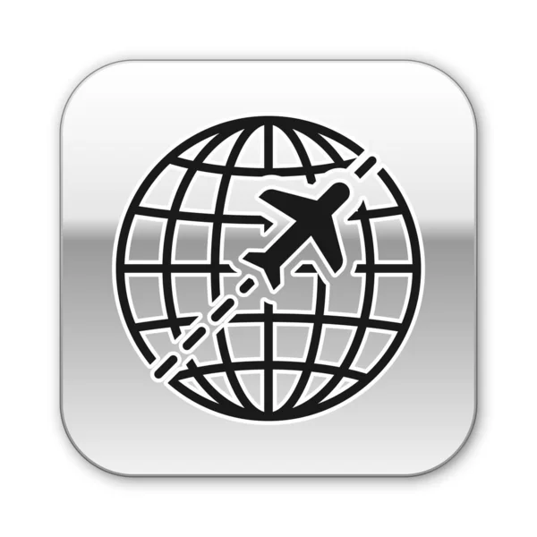 Globo Negro com ícone de avião voador isolado no fundo branco. Avião voa ao redor do planeta Terra. Ícone mundial de aeronaves. Botão quadrado de prata. Ilustração vetorial — Vetor de Stock