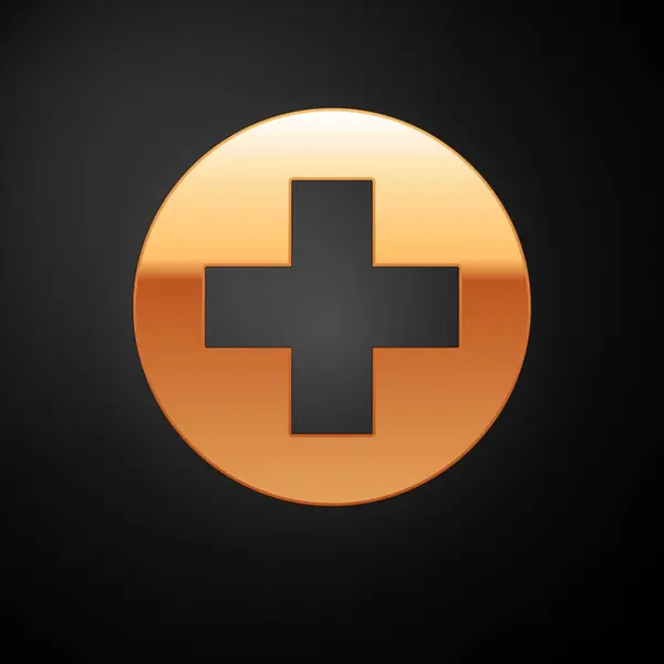 Cruz médica de ouro no ícone círculo isolado no fundo preto. Símbolo médico de primeiros socorros. Ilustração vetorial — Vetor de Stock