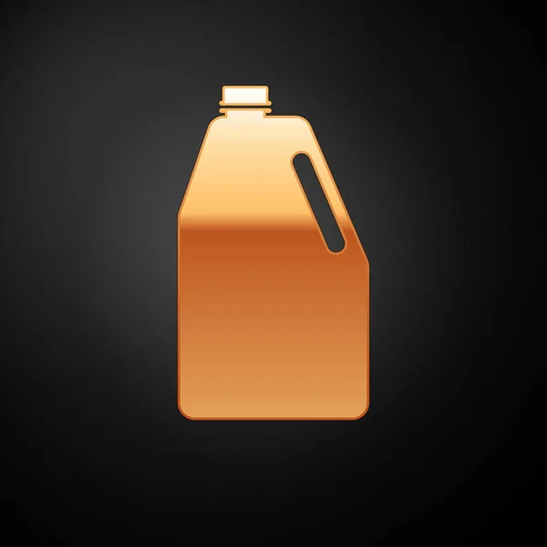 Золотые бытовые химикаты чистые пластиковые бутылки значок изолирован на черном фоне. Жидкое моющее средство или мыло, пятновыводитель, отбеливатель для белья. Векторная миграция — стоковый вектор