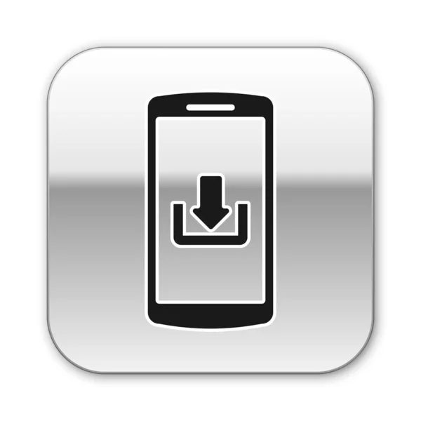Smartphone preto com ícone de download isolado no fundo branco. Botão quadrado de prata. Ilustração vetorial — Vetor de Stock