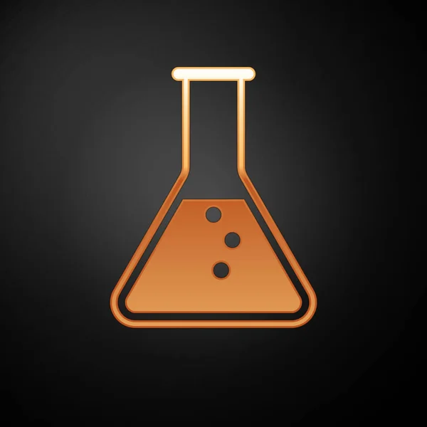 Tubo de ensayo de oro y frasco: icono de prueba de laboratorio químico aislado sobre fondo negro. Ilustración vectorial — Vector de stock