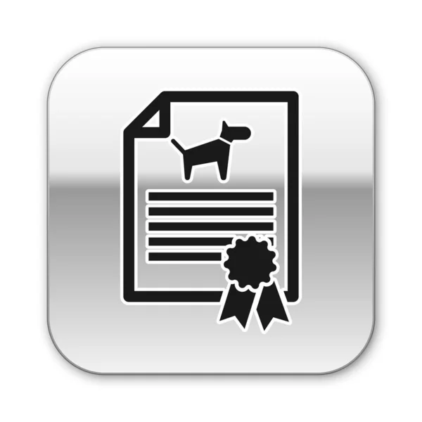 Certificat médical noir pour voyager avec chien ou chat icône isolé sur fond blanc. Document pour animal domestique. Empreinte de patte de chien ou chat. Bouton carré argenté. Illustration vectorielle — Image vectorielle