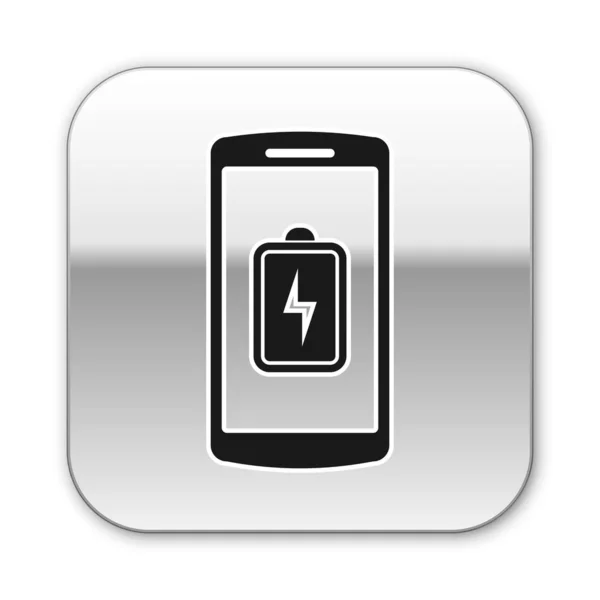 Zwarte smartphone batterij opladen pictogram geïsoleerd op witte achtergrond. Telefoon met een lage batterijlading. Zilveren vierkante knop. Vector illustratie — Stockvector