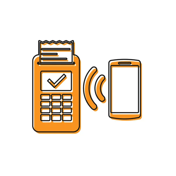 Terminal POS laranja com reciept impresso e confirma o pagamento pelo ícone do smartphone isolado no fundo branco. Conceito de pagamento NFC. Ilustração vetorial —  Vetores de Stock