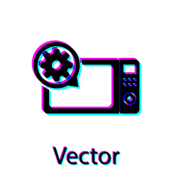 Forno de microondas preto e ícone de engrenagem isolado no fundo branco. Ajustar aplicativo, conceito de serviço, opções de configuração, manutenção, reparo, fixação. Ilustração vetorial — Vetor de Stock