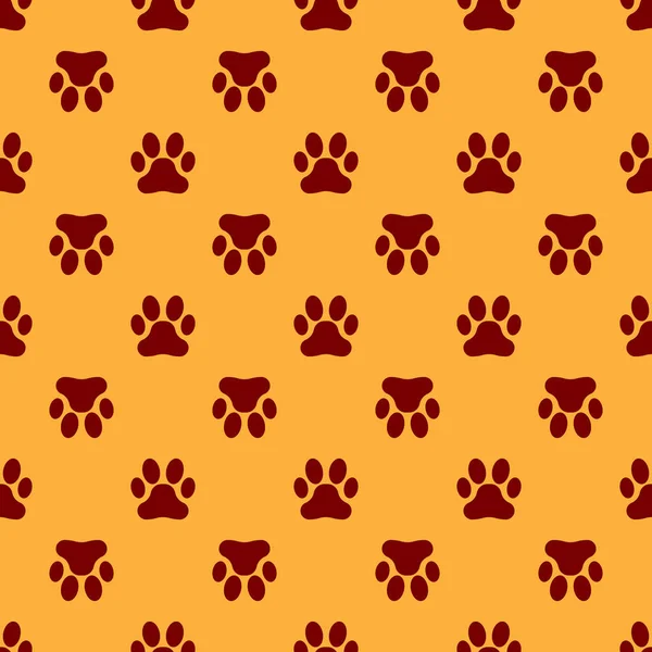Red Paw print icon isolated seamless pattern on brown background. Dog or cat paw print. Animal track. Vector Illustration