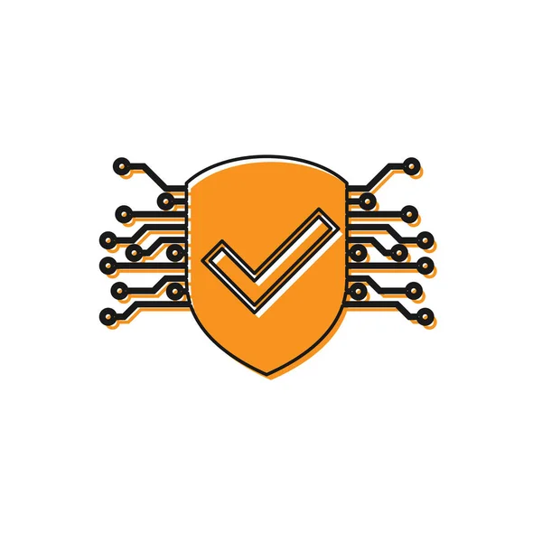 Icona di sicurezza Cyber arancione isolata su sfondo bianco. Scudo con segno di spunta. Concetto sicurezza. Protezione dei dati digitali. Illustrazione vettoriale — Vettoriale Stock