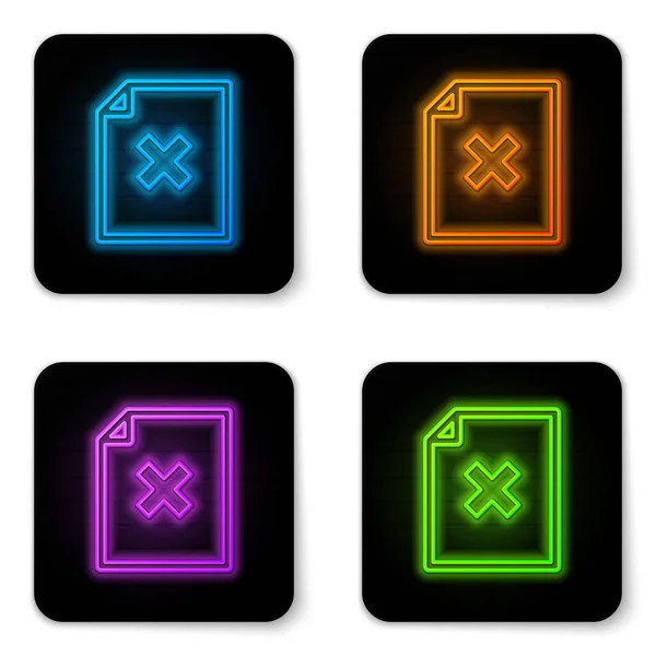 Glowing neon Delete file document icon isolated on white background. Rejected document icon. Cross on paper. Black square button. Vector Illustration — Stock Vector