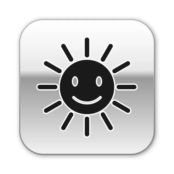 Schwarze süße Sonne mit Lächeln Symbol isoliert auf weißem Hintergrund. lustig lächelnde Sonne. glückliches, sonniges Lächeln. Silberner quadratischer Knopf. Vektorillustration — Stockvektor