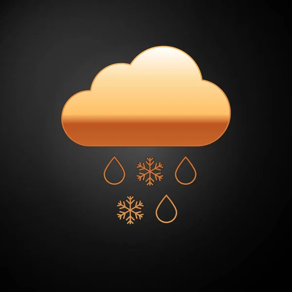Goldwolke mit Schnee- und Regensymbol auf schwarzem Hintergrund. Wettersymbol. Vektorillustration — Stockvektor