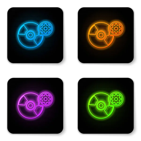 Glowing neon CD or DVD disk and gear icon isolated on white background. Adjusting app, service concept, setting options, maintenance, repair, fixing. Black square button. Vector Illustration — Stock Vector
